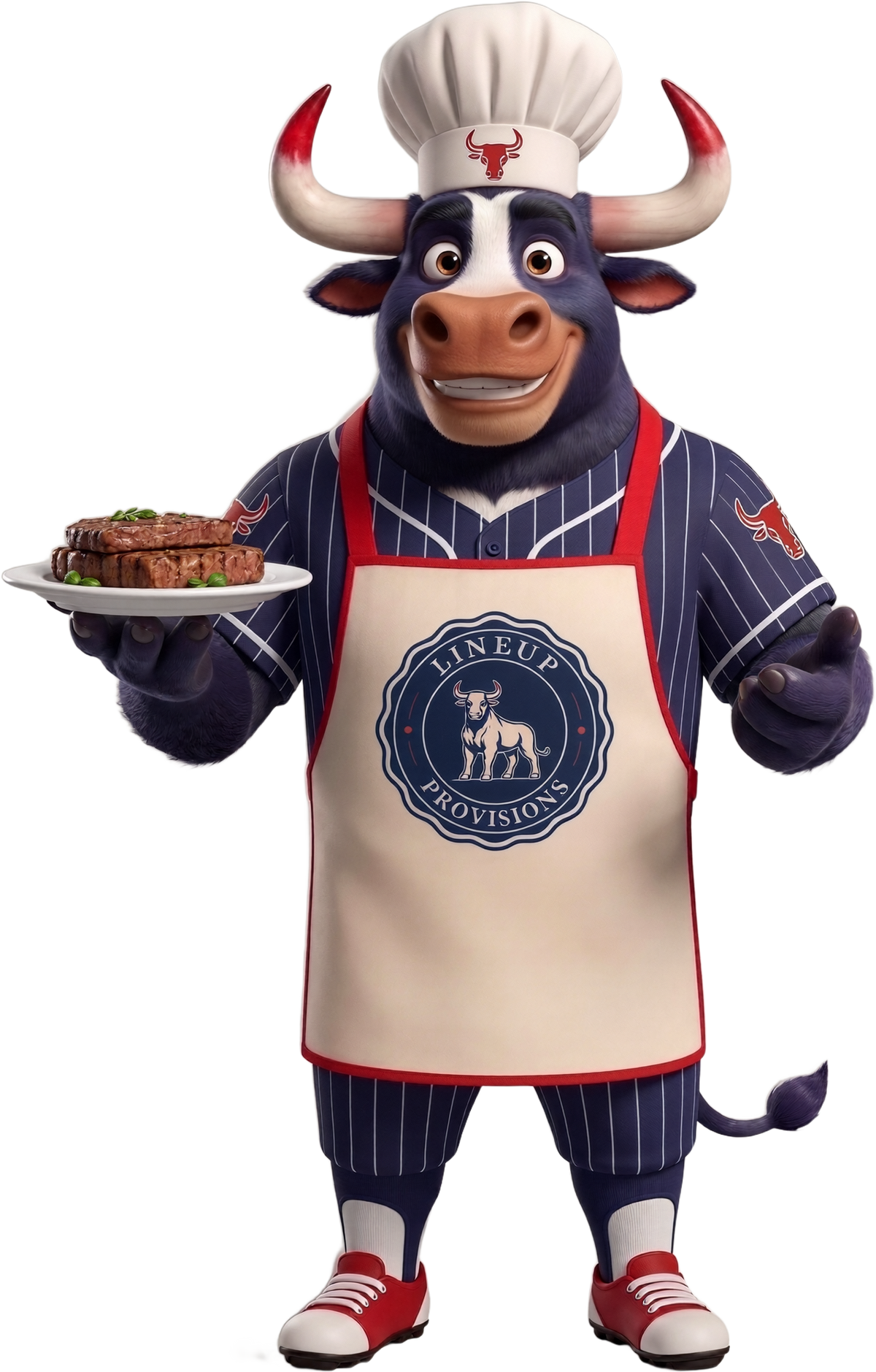 Bowie the Lineup Provisions bull mascot in a chef hat and Lineup apron, holding out a plate of grilled steak