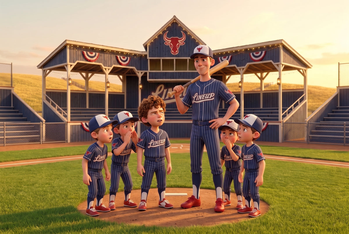 An illustrated tall high school ballplayer with a bat on his shoulder towering over a group of much smaller youth players in navy pinstripes who squint up at him and whisper at a wooden ballpark at golden hour