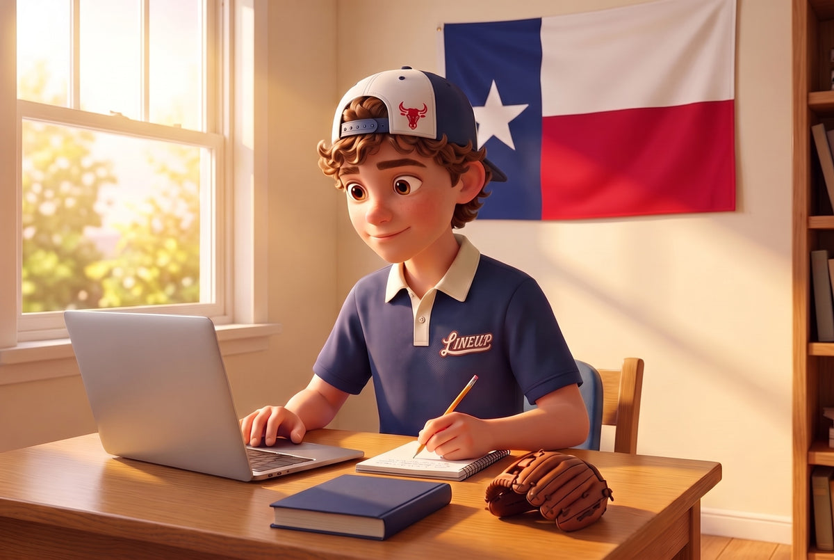 An illustrated high school ballplayer in a navy polo and a backwards white cap studying at a wooden desk with a pencil and notebook, a big Texas flag on the wall behind him