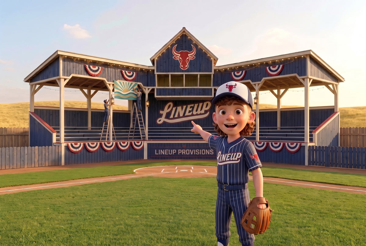 An old painted sponsor board with no lettering bolted high on a navy outfield wall at golden hour, a rust red warning track below and empty mown grass in front