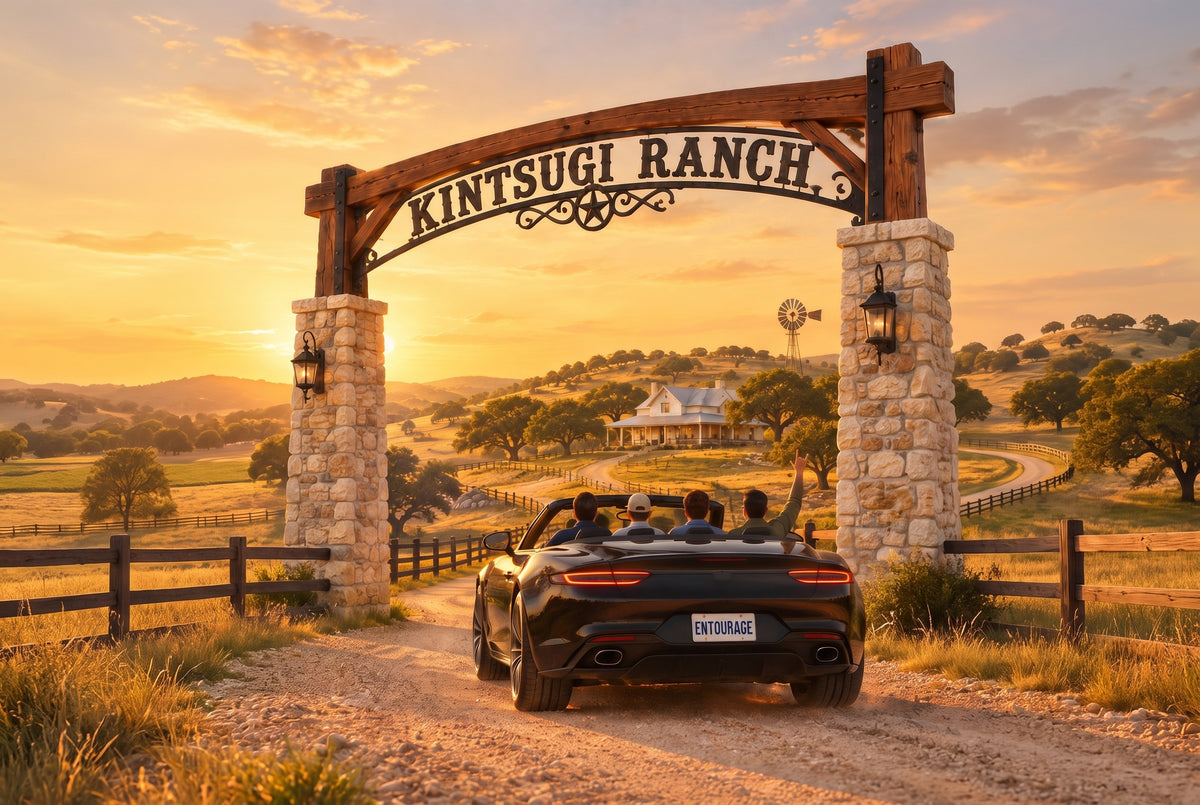 A timber ranch gate standing open in a wire fence at golden hour, a pale two track running back into Central Texas land under pecans and tall pines, three goats small in the distance