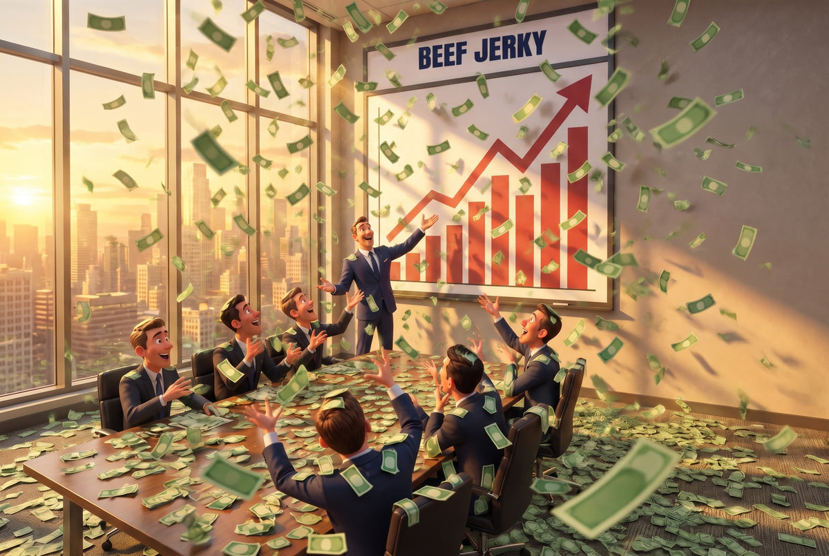 Illustrated businessmen in suits around a boardroom table as one presents a big rising chart titled beef jerky, a city skyline through the windows at golden hour