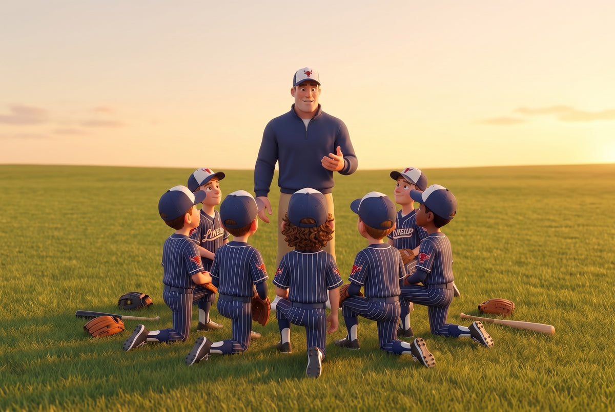 An illustrated youth coach in a navy quarter zip and cap calling out from the dugout rail beside a curly haired young ballplayer at a wooden ballpark at golden hour