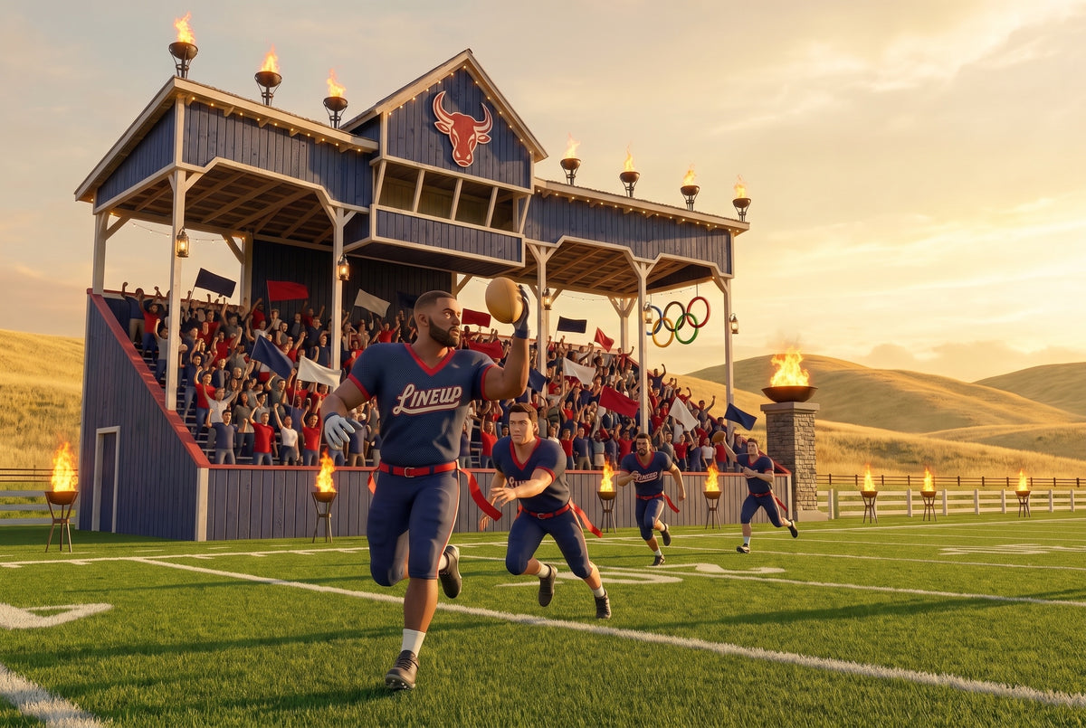 Lineup flag football players sprint past a packed wooden grandstand lit by torches at sunset