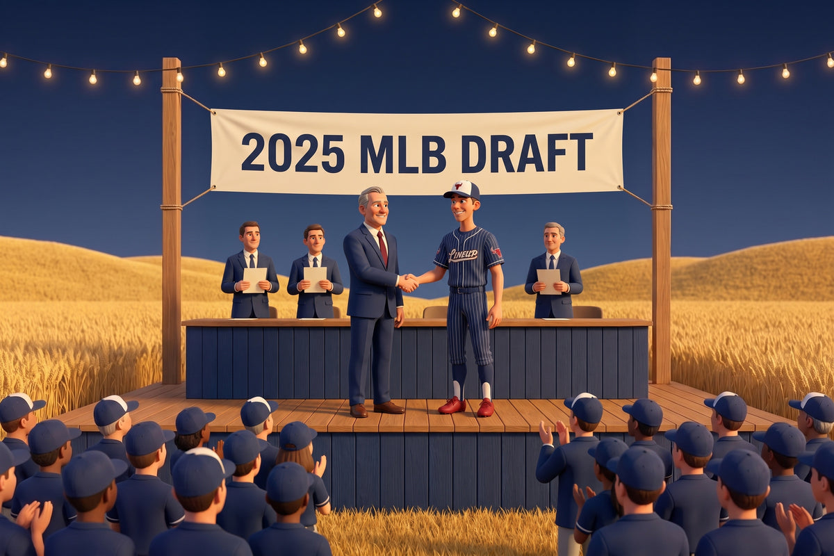 A Lineup draft pick shakes hands on a stage under a 2025 MLB Draft banner, wheat fields behind