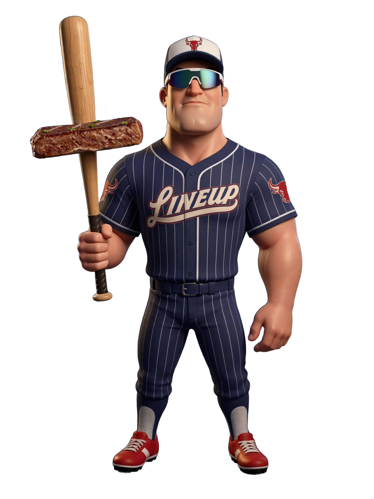 Ace the Lineup Provisions mascot holding a baseball bat topped with a premium steak