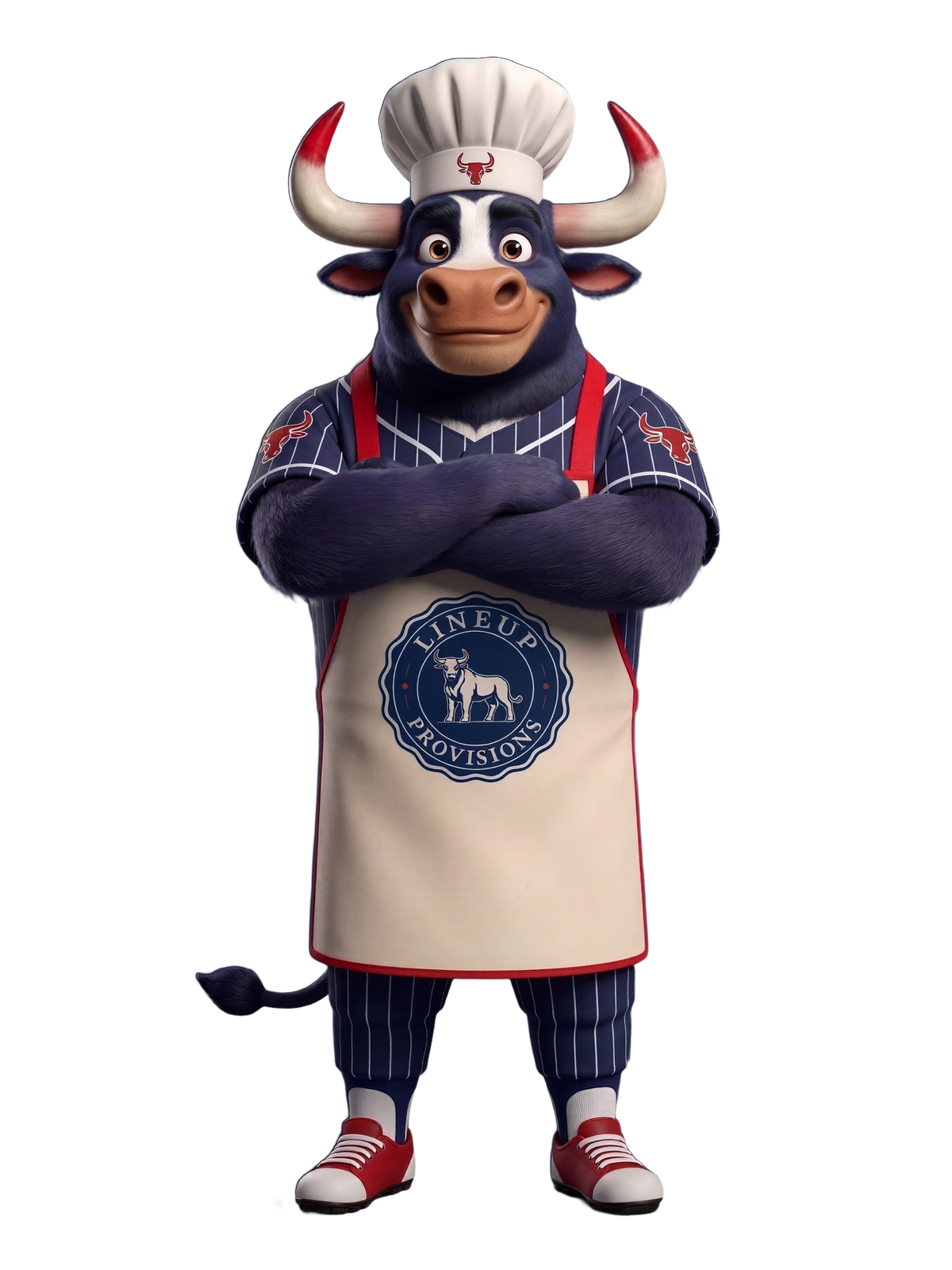 Bowie the Lineup Provisions bull mascot standing with arms crossed