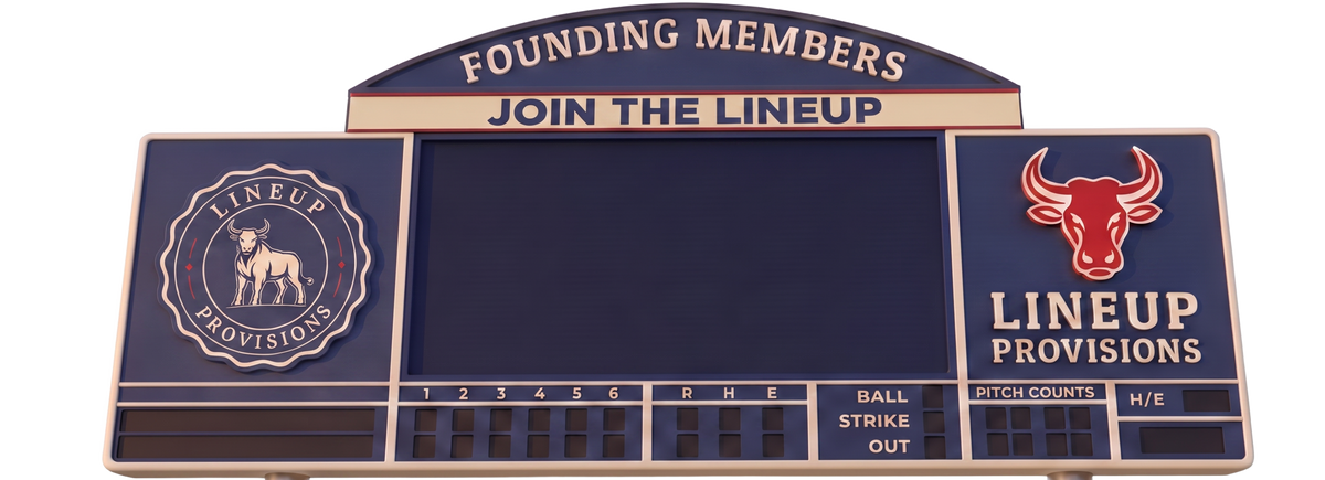Lineup Provisions scoreboard — FOUNDING MEMBERS, JOIN THE LINEUP — with a live founding-member count on the center screen